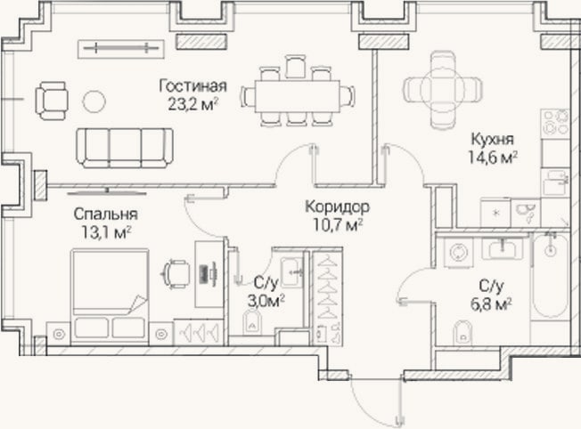 Планировка: 2-к, 71,4 м²