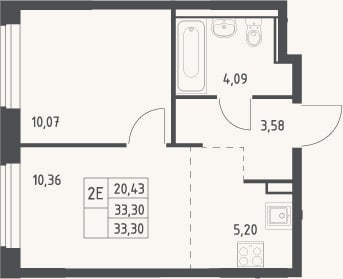 Планировка: 2-к, 33,3 м²