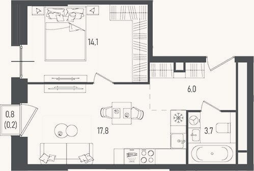 Планировка: 2-к, 41,6 м²