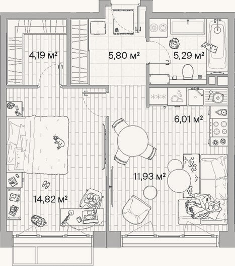 Планировка: 2-к, 48 м²