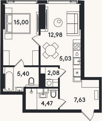 Планировка: 2-к, 52,6 м²