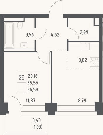 Планировка: 2-к, 35,6 м²