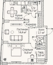Планировка: 2-к, 61,5 м²
