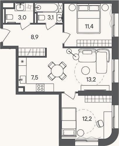 Планировка: 3-к, 59,3 м²