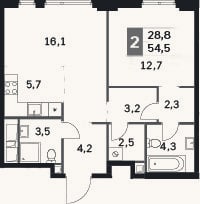 Планировка: 2-к, 54,5 м²