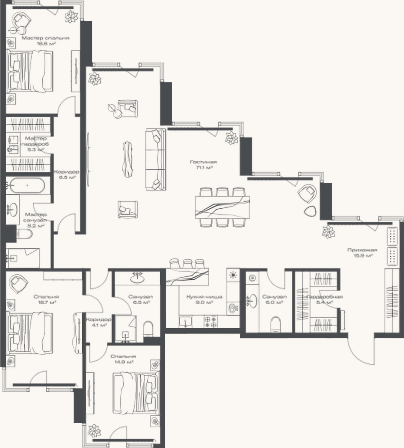 Планировка: 4+ к, 188,2 м²