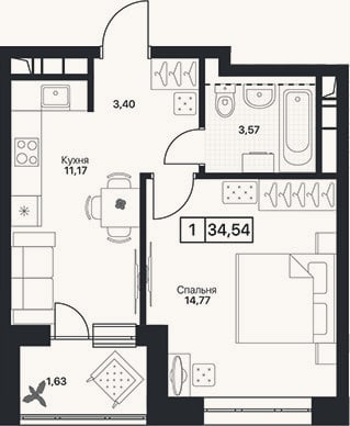 Планировка: 1-к, 32,9 м²