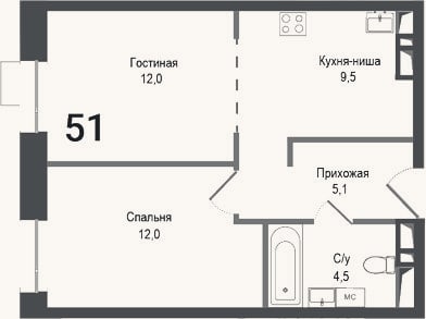 Планировка: 2-к, 43,1 м²