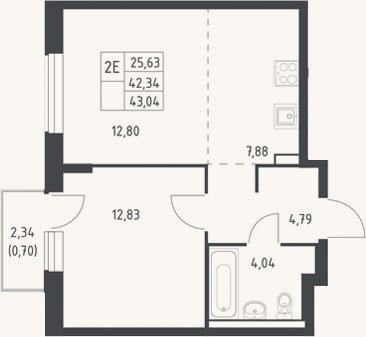 Планировка: 2-к, 42,3 м²