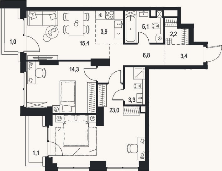 Планировка: 3-к, 77,4 м²