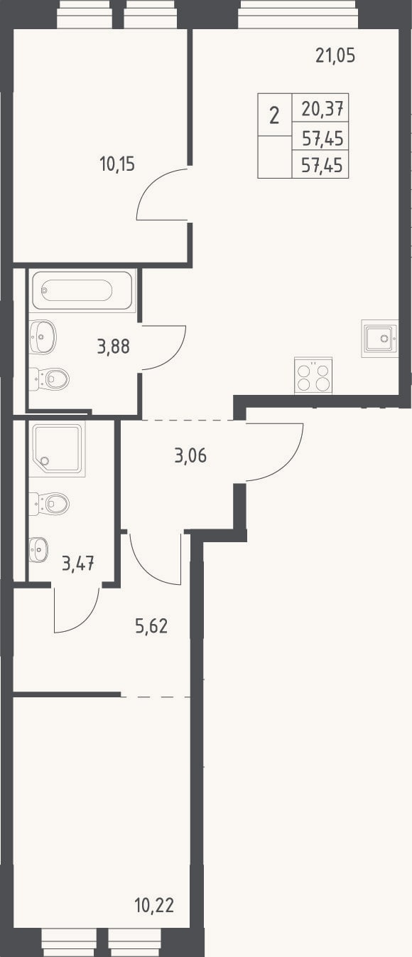 Планировка: 3-к, 57,5 м²