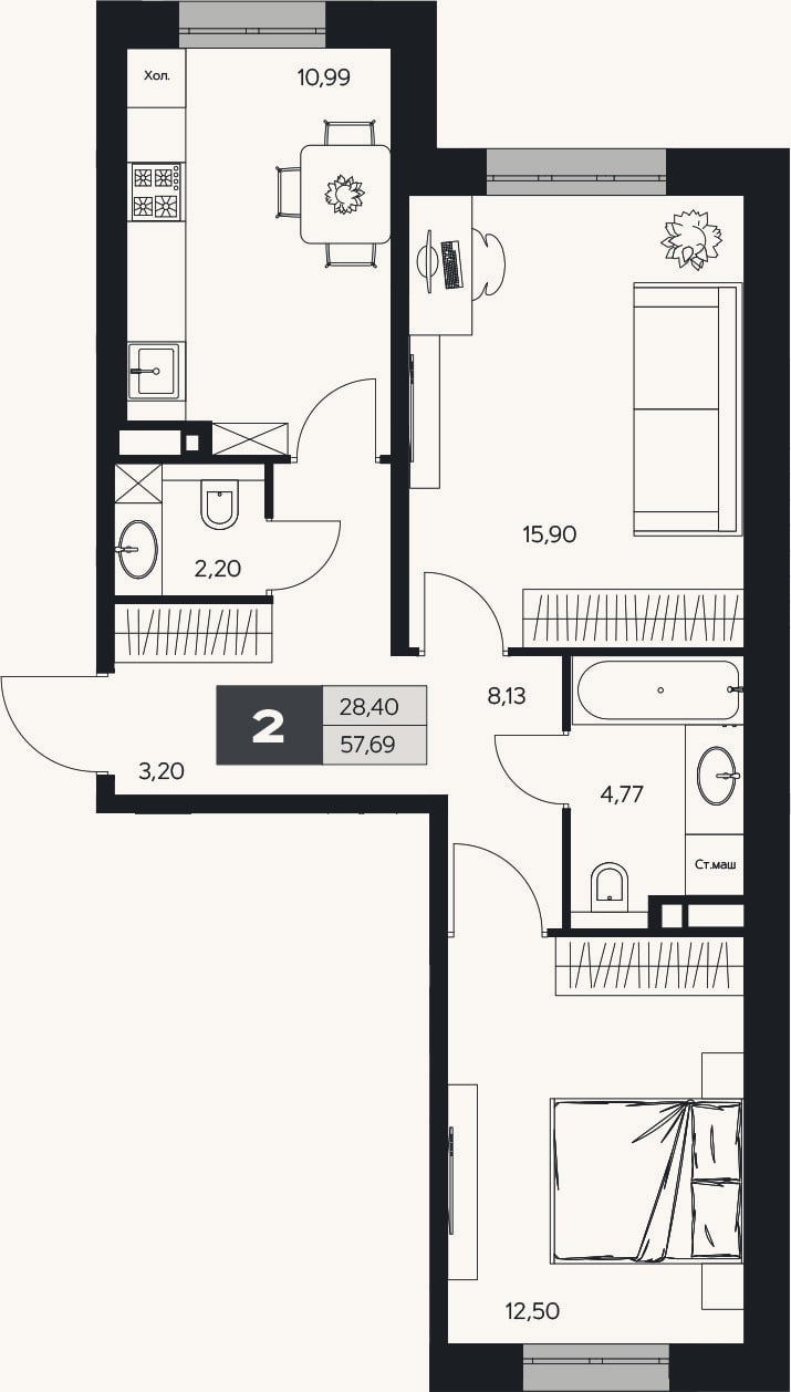 Планировка: 2-к, 57,7 м²
