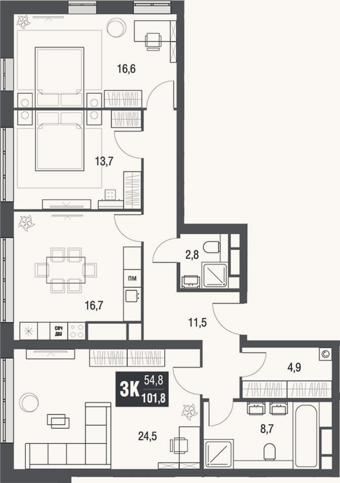 Планировка: 3-к, 101,8 м²