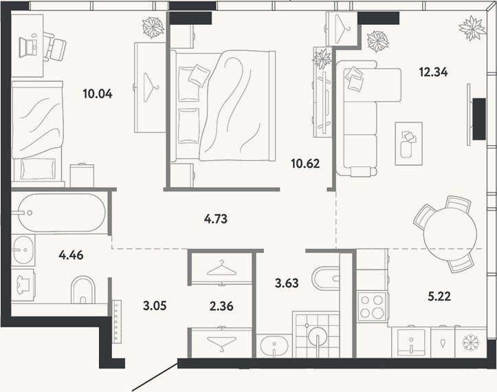 Планировка: 2-к, 56,5 м²