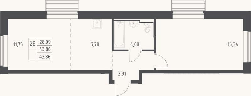 Планировка: 2-к, 43,9 м²