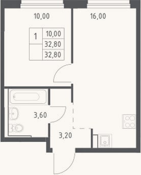 Планировка: 2-к, 32,8 м²