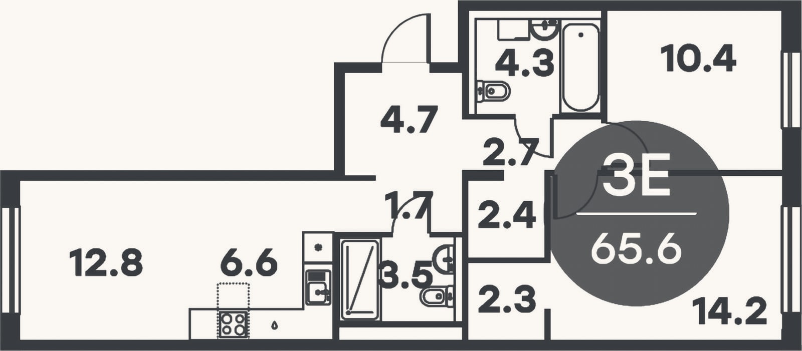 Планировка: 3-к, 65,6 м²