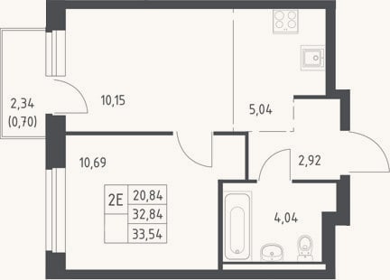 Планировка: 2-к, 32,8 м²