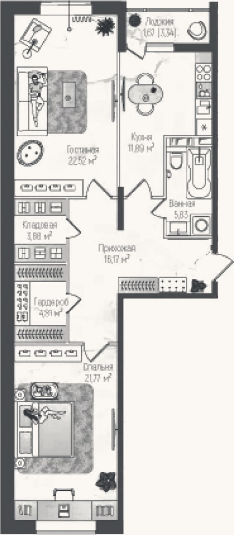 Планировка: 2-к, 86,9 м²