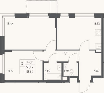 Планировка: 2-к, 53,8 м²