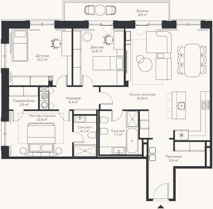 Планировка: 4+ к, 125,6 м²