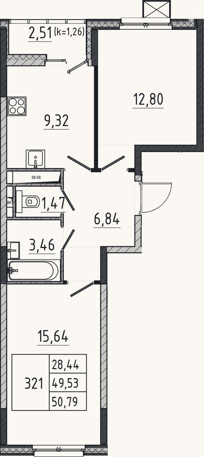 Планировка: 2-к, 49,5 м²