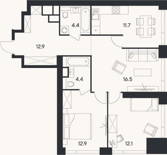 Планировка: 3-к, 74,9 м²