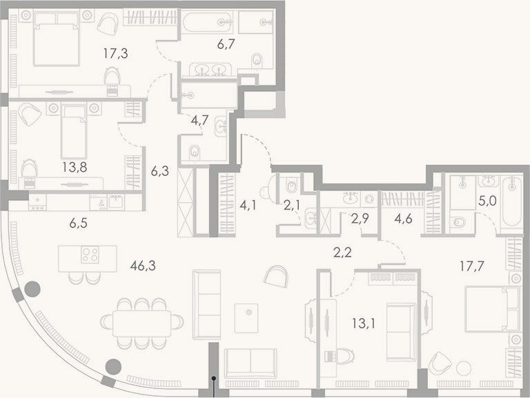 Планировка: 4+ к, 153,3 м²