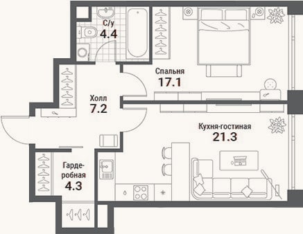 Планировка: 2-к, 54,4 м²