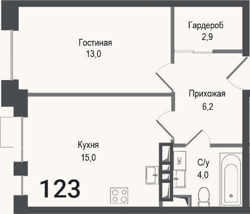 Планировка: 1-к, 41,1 м²