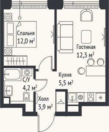 Планировка: 2-к, 37,9 м²