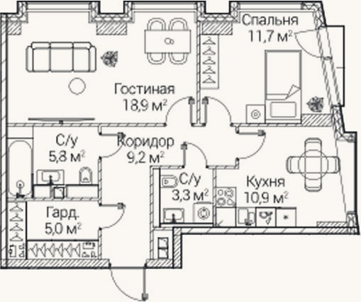 Планировка: 2-к, 64,9 м²