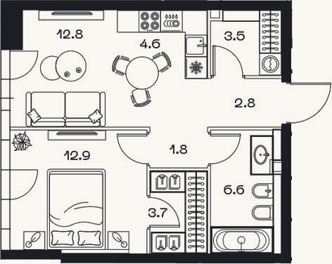 Планировка: 2-к, 48,6 м²
