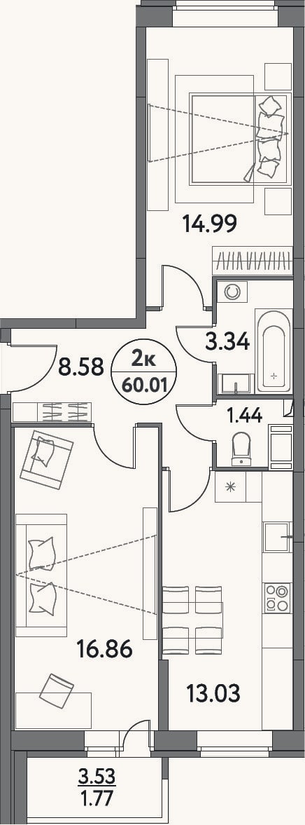 Планировка: 2-к, 58,2 м²
