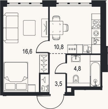 Планировка: 1-к, 35,7 м²