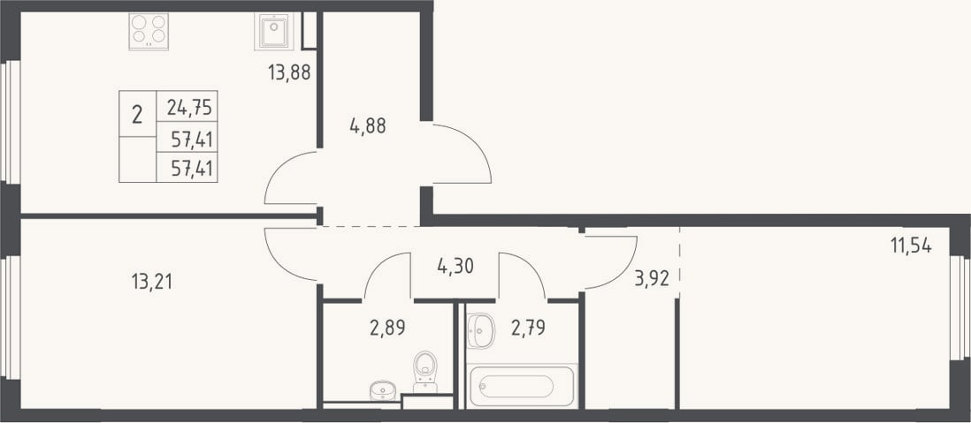 Планировка: 2-к, 57,4 м²