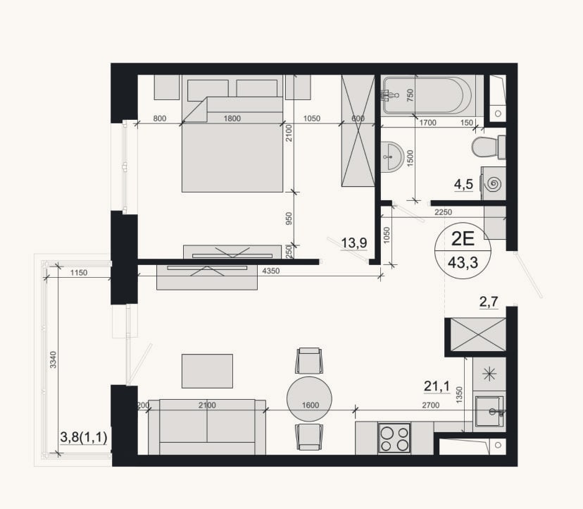 Планировка: 2-к, 42,2 м²