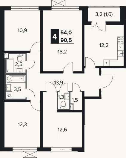 Планировка: 4+ к, 88,9 м²