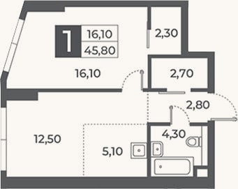 Планировка: 1-к, 45,8 м²