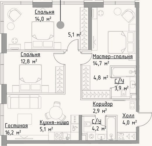 Планировка: 4+ к, 87,7 м²