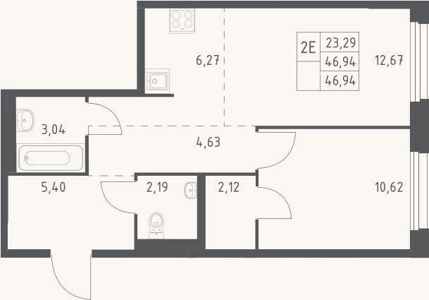 Планировка: 2-к, 46,9 м²