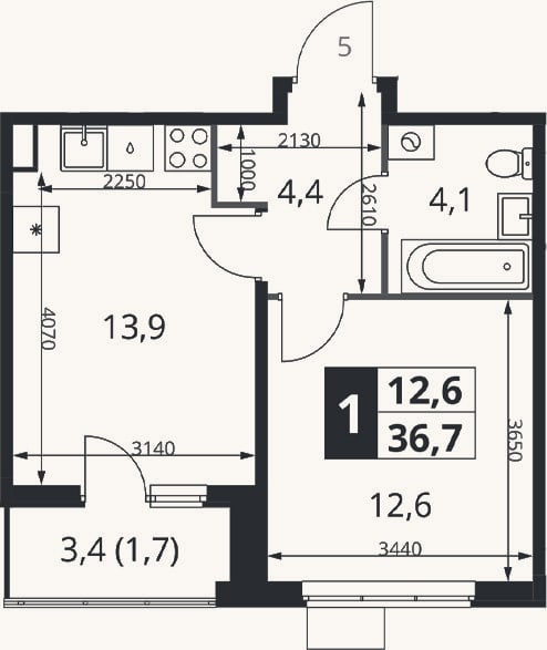 Планировка: 1-к, 35 м²