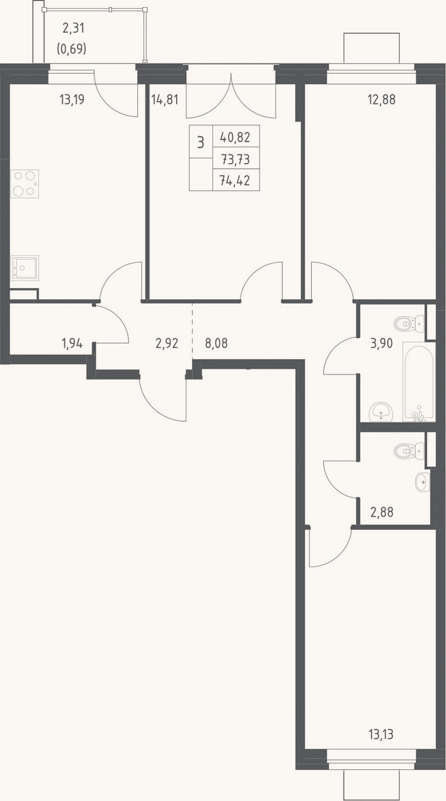Планировка: 3-к, 73,7 м²
