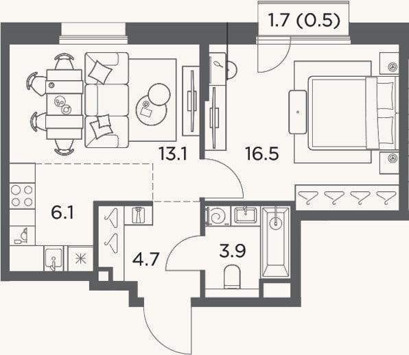 Планировка: 2-к, 44,3 м²
