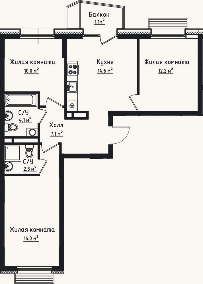 Планировка: 3-к, 66,8 м²