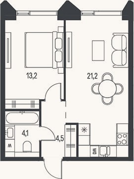 Планировка: 2-к, 43 м²