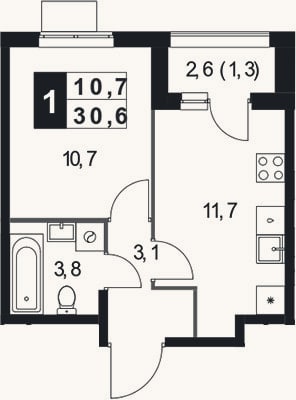 Планировка: 1-к, 29,3 м²