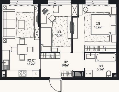 Планировка: 3-к, 54,3 м²