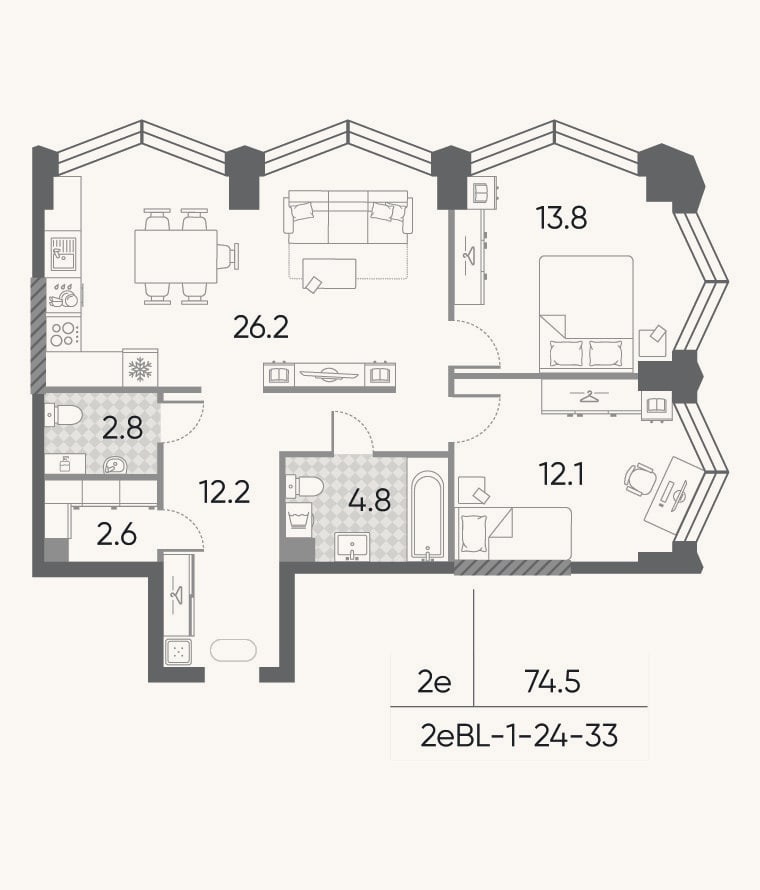 Планировка: 3-к, 74,5 м²