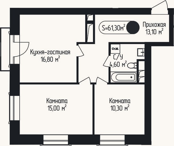 Планировка: 2-к, 61,3 м²